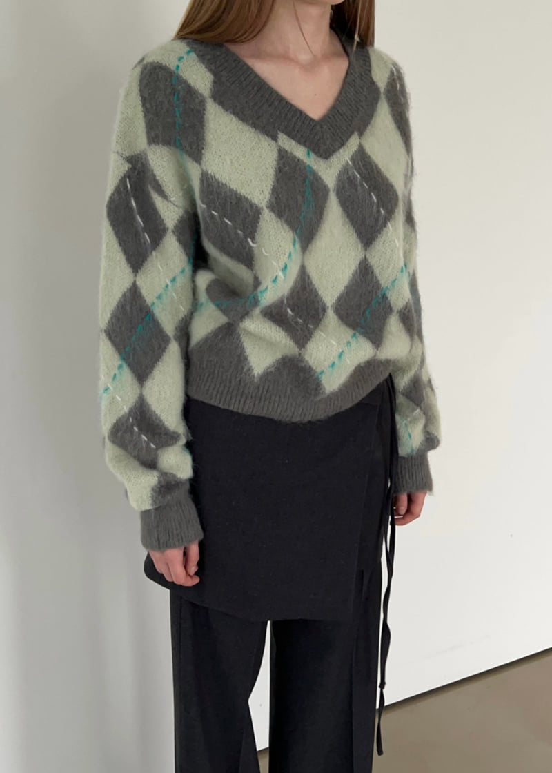 Another Avenue - Korean Women Fashion - #momslook - Argyle Wool V-Neck Knit - 8