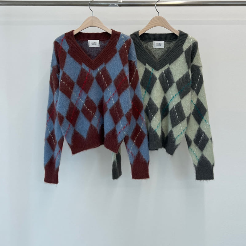 Another Avenue - Korean Women Fashion - #womensfashion - Argyle Wool V-Neck Knit