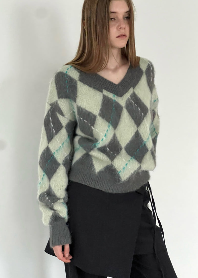 Another Avenue - Korean Women Fashion - #womensfashion - Argyle Wool V-Neck Knit - 11
