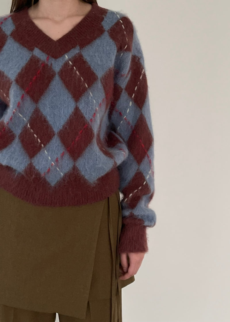Another Avenue - Korean Women Fashion - #womensfashion - Argyle Wool V-Neck Knit - 3