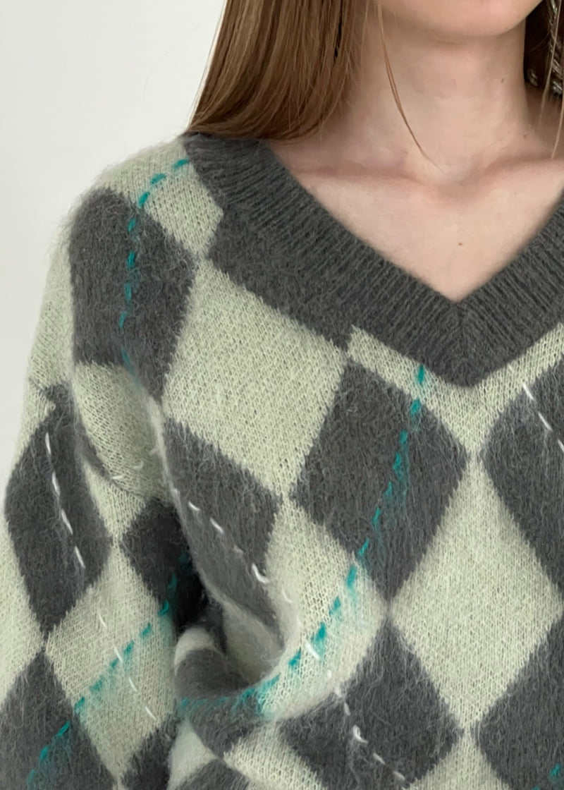 Another Avenue - Korean Women Fashion - #womensfashion - Argyle Wool V-Neck Knit - 7