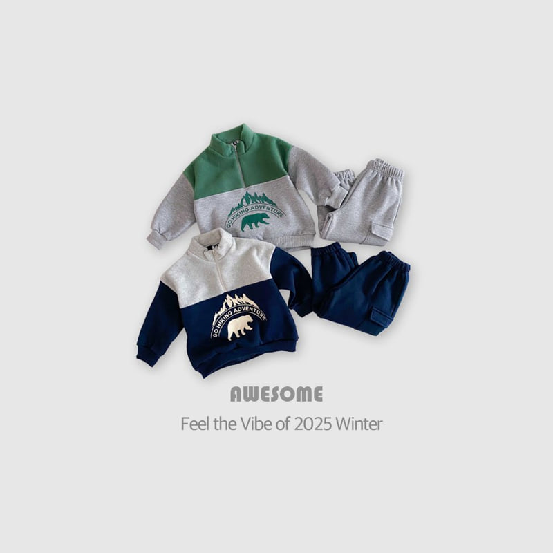Awesome Bebe - Korean Children Fashion - #childofig - Bear Half-Zip Top Bottom Set - 2