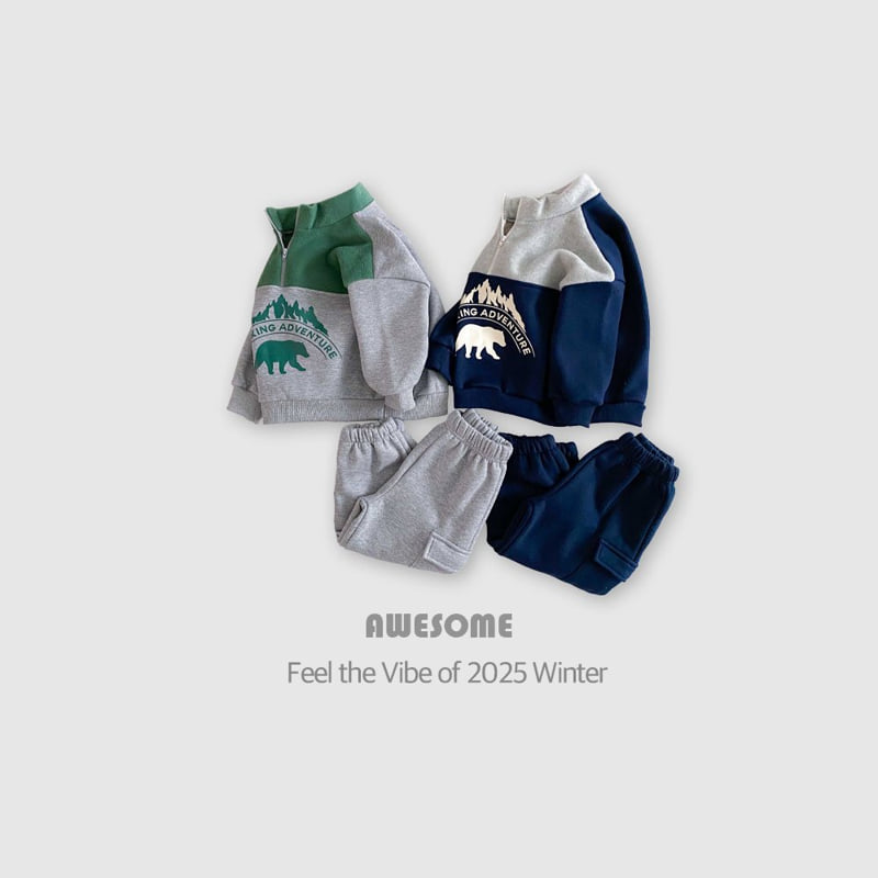 Awesome Bebe - Korean Children Fashion - #childrensboutique - Bear Half-Zip Top Bottom Set - 3