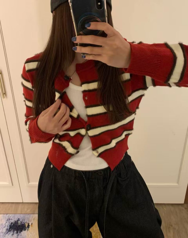 Badcalm - Korean Women Fashion - #momslook - Myu Striped Cardigan