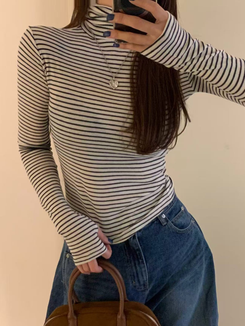 Badcalm - Korean Women Fashion - #momslook - Striped Wool Turtleneck Tee