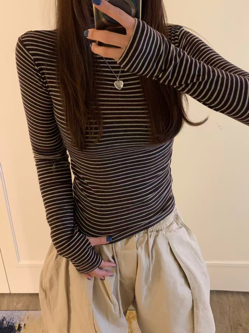 Badcalm - Korean Women Fashion - #momslook - Striped Wool Turtleneck Tee - 3
