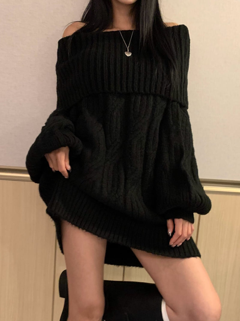 Badcalm - Korean Women Fashion - #momslook - Cable Off-Shoulder Knit - 10