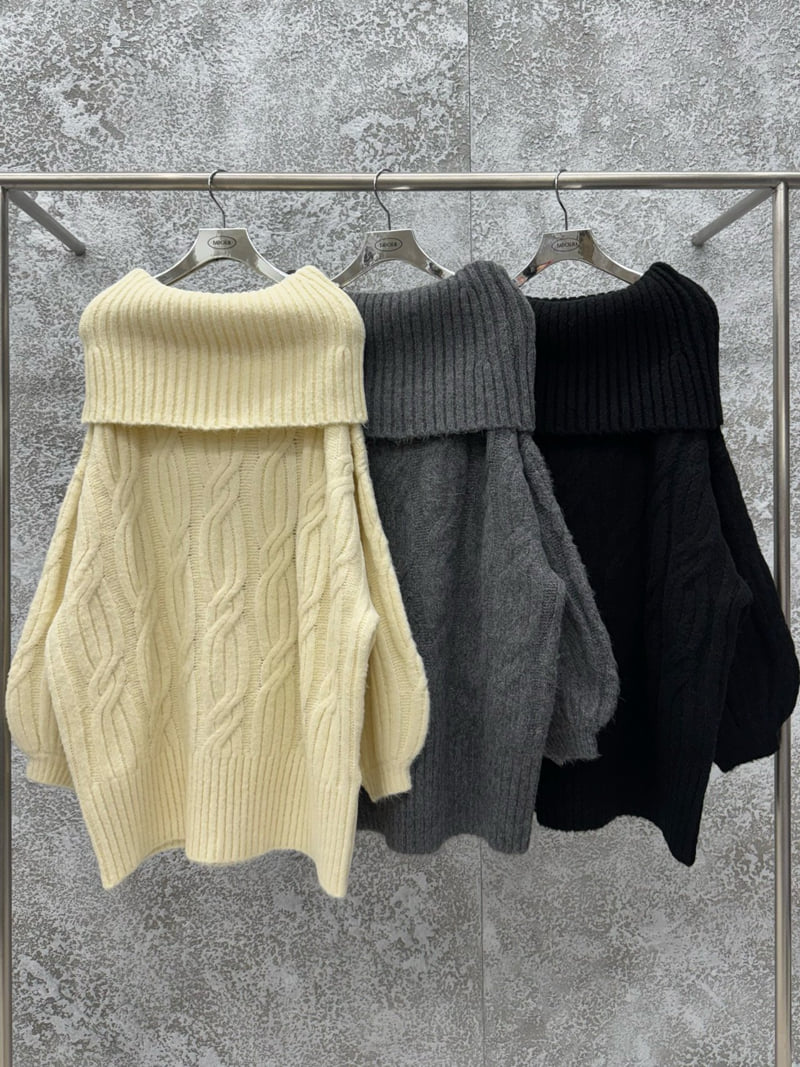 Badcalm - Korean Women Fashion - #momslook - Cable Off-Shoulder Knit - 12