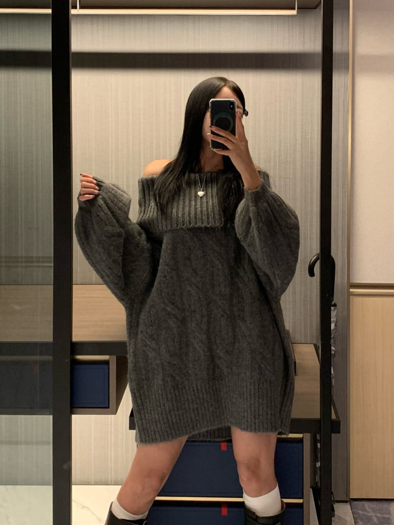 Badcalm - Korean Women Fashion - #momslook - Cable Off-Shoulder Knit - 6