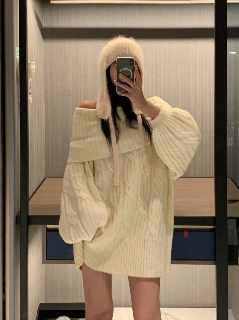 Badcalm - Korean Women Fashion - #restrostyle - Cable Off-Shoulder Knit