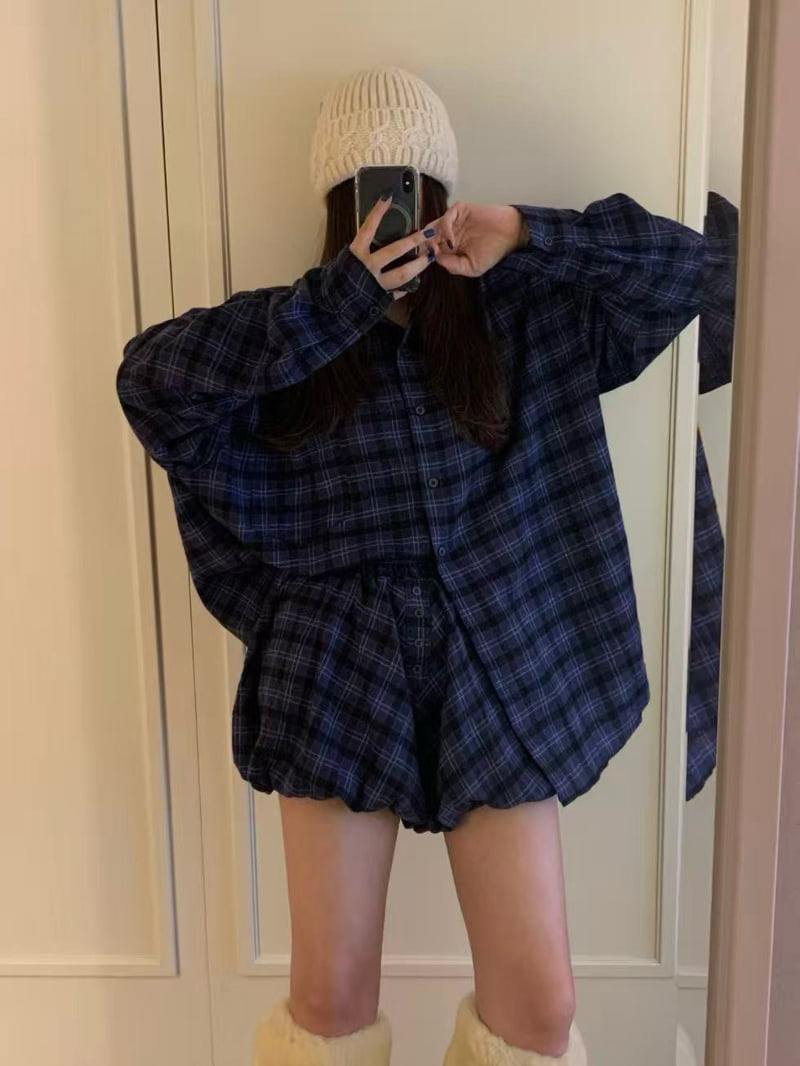 Badcalm - Korean Women Fashion - #romanticstyle - Brin Peach Check Shirt - 7
