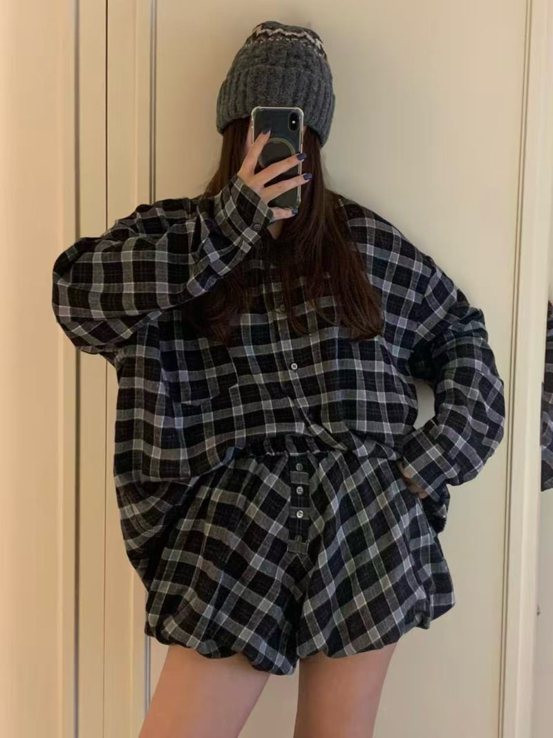Badcalm - Korean Women Fashion - #shopsmall - Brin Peach Check Shirt - 8
