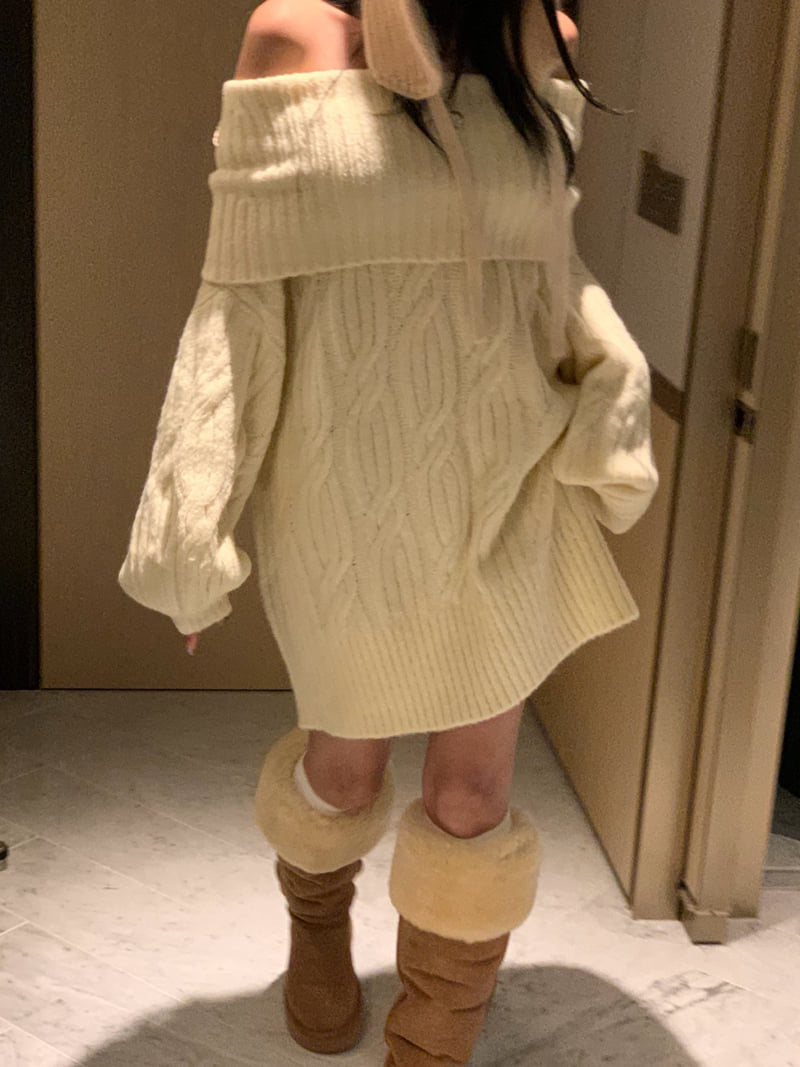 Badcalm - Korean Women Fashion - #thelittlethings - Cable Off-Shoulder Knit - 5