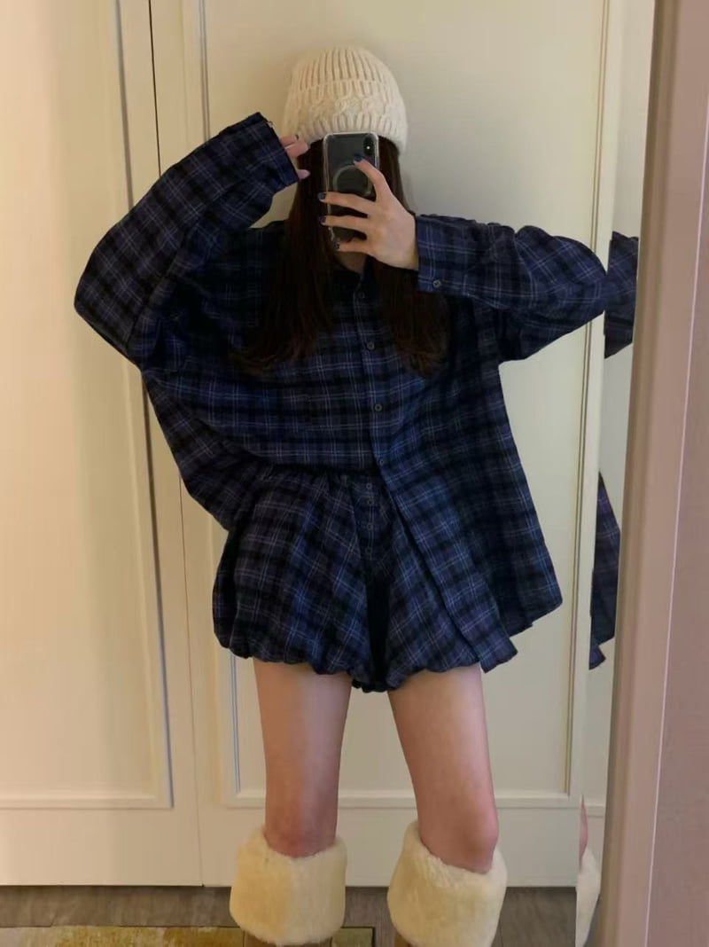 Badcalm - Korean Women Fashion - #vintageinspired - Brin Peach Check Shirt - 3