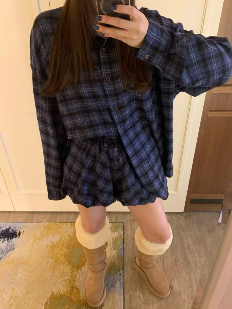 Badcalm - Korean Women Fashion - #vintageinspired - Brin Peach Check Shirt - 4