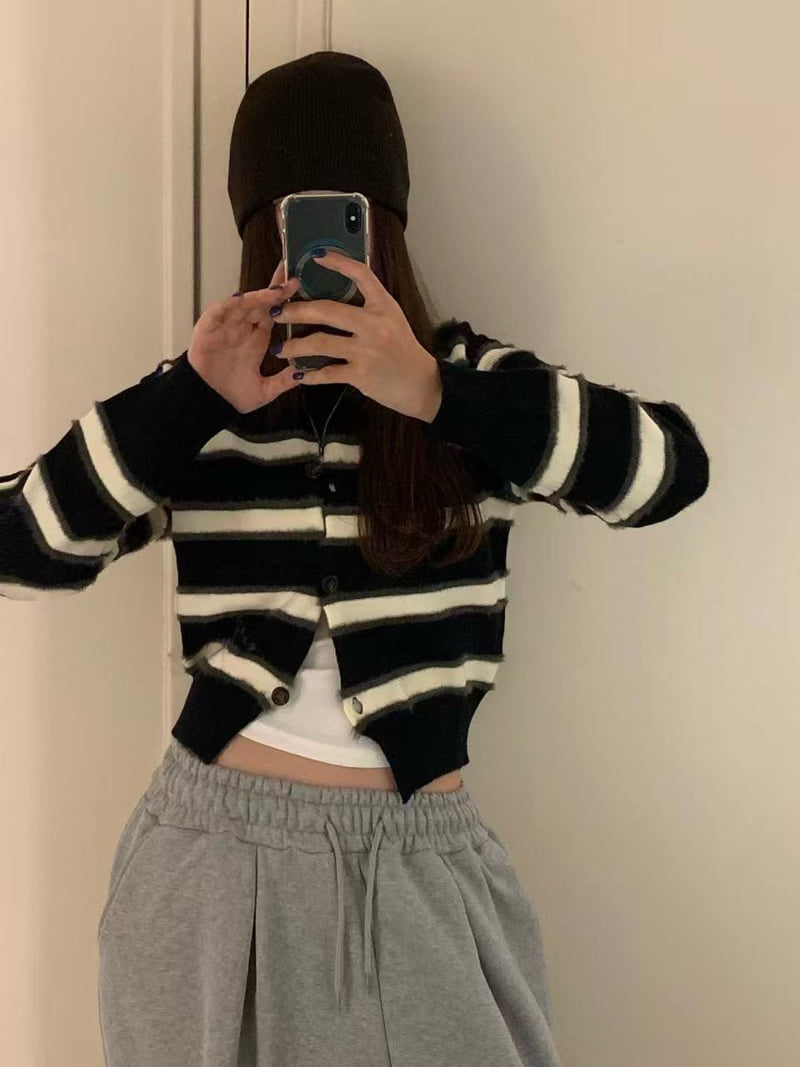 Badcalm - Korean Women Fashion - #womensfashion - Myu Striped Cardigan - 6