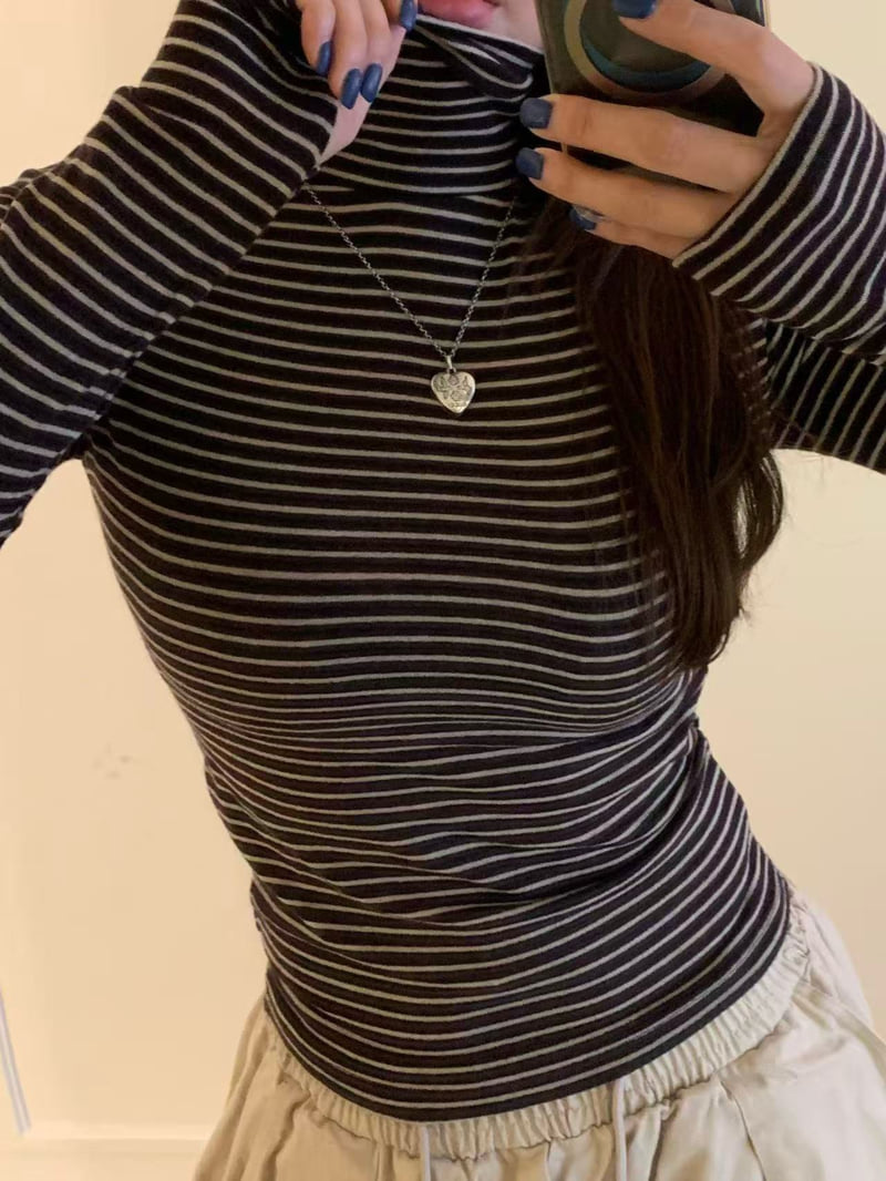 Badcalm - Korean Women Fashion - #womensfashion - Striped Wool Turtleneck Tee - 2