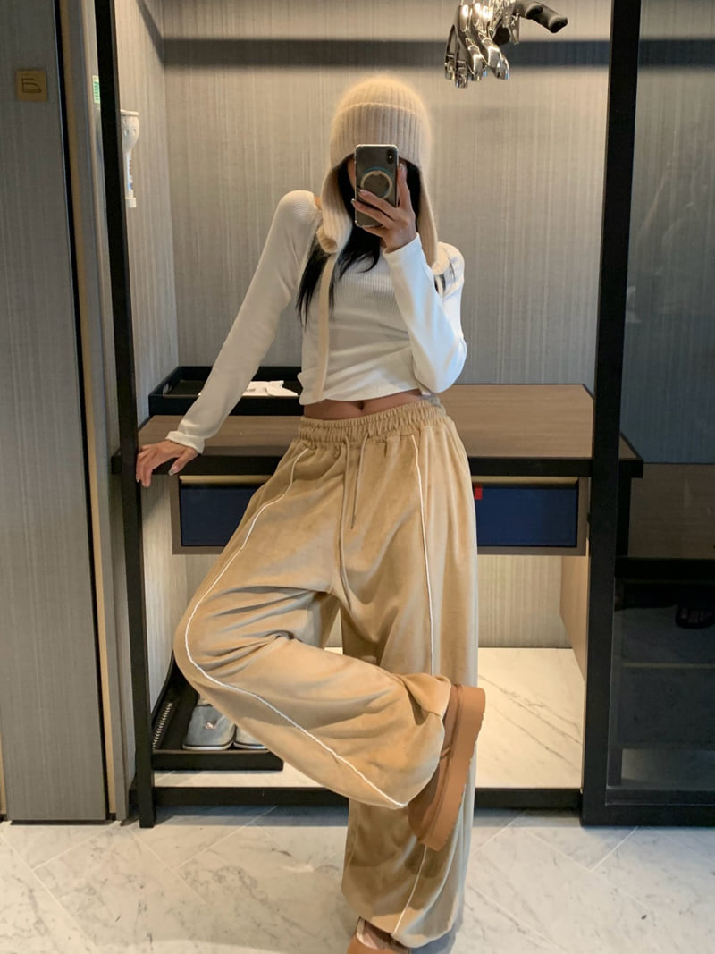 Badcalm - Korean Women Fashion - #womensfashion - Piping Velour Pants - 2