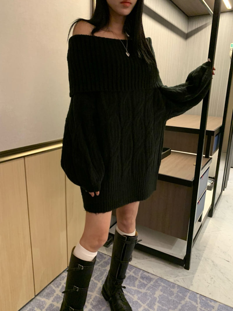 Badcalm - Korean Women Fashion - #womensfashion - Cable Off-Shoulder Knit - 11