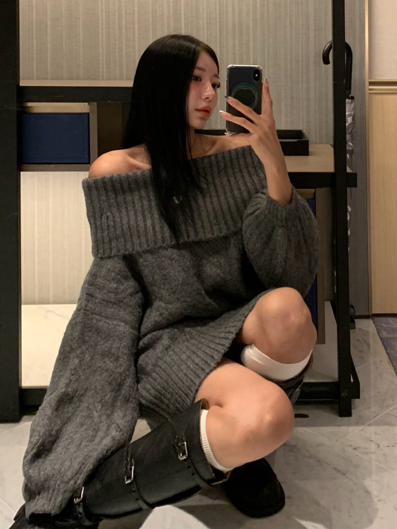 Badcalm - Korean Women Fashion - #womensfashion - Cable Off-Shoulder Knit - 7