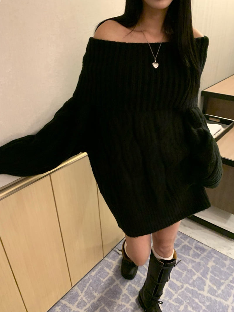 Badcalm - Korean Women Fashion - #womensfashion - Cable Off-Shoulder Knit - 9