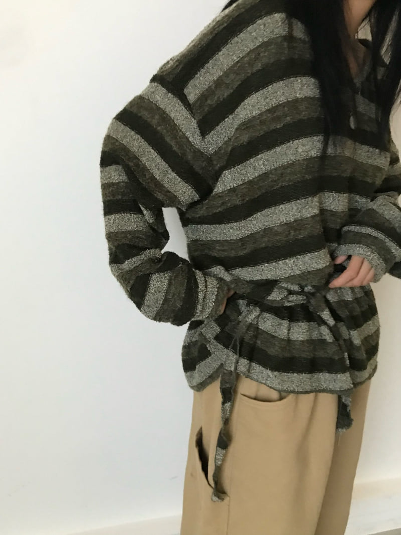 Buckle - Korean Women Fashion - #momslook - Soft V-Neck Striped Knit - 5