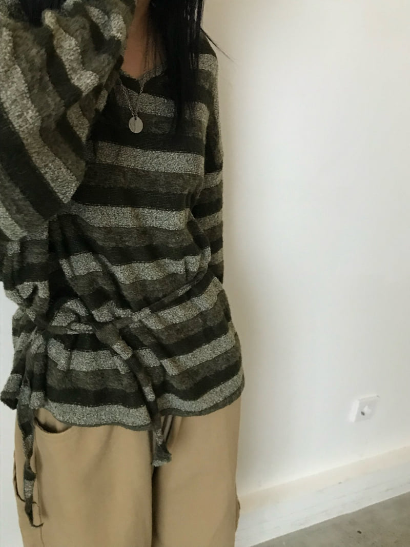 Buckle - Korean Women Fashion - #momslook - Soft V-Neck Striped Knit - 6