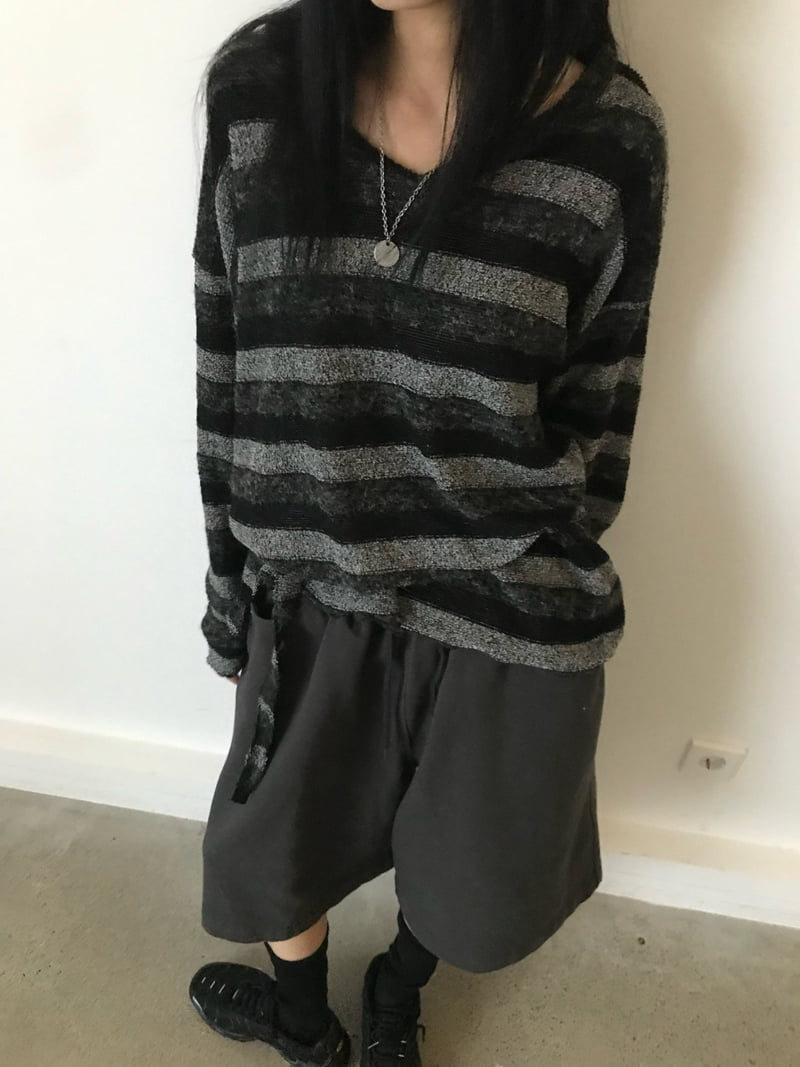 Buckle - Korean Women Fashion - #momslook - Soft V-Neck Striped Knit - 7