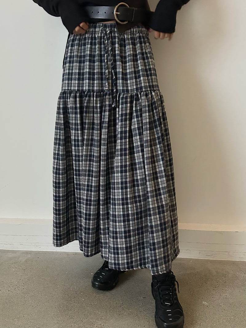 Buckle - Korean Women Fashion - #momslook - Peach Check Long Skirt