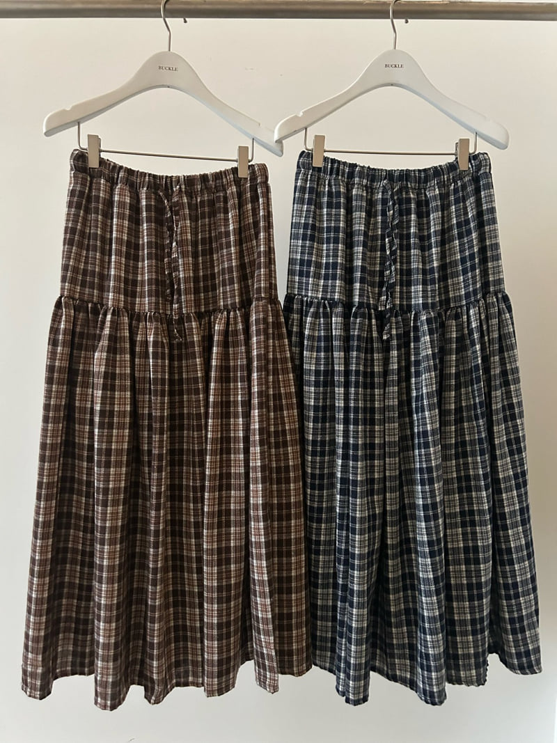 Buckle - Korean Women Fashion - #restrostyle - Peach Check Long Skirt - 10