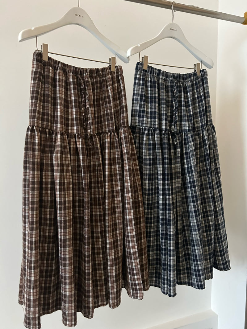 Buckle - Korean Women Fashion - #romanticstyle - Peach Check Long Skirt - 11
