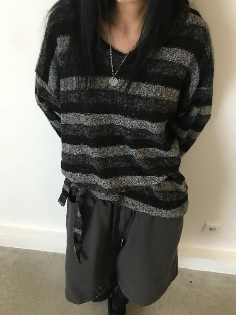 Buckle - Korean Women Fashion - #vintageinspired - Soft V-Neck Striped Knit - 9