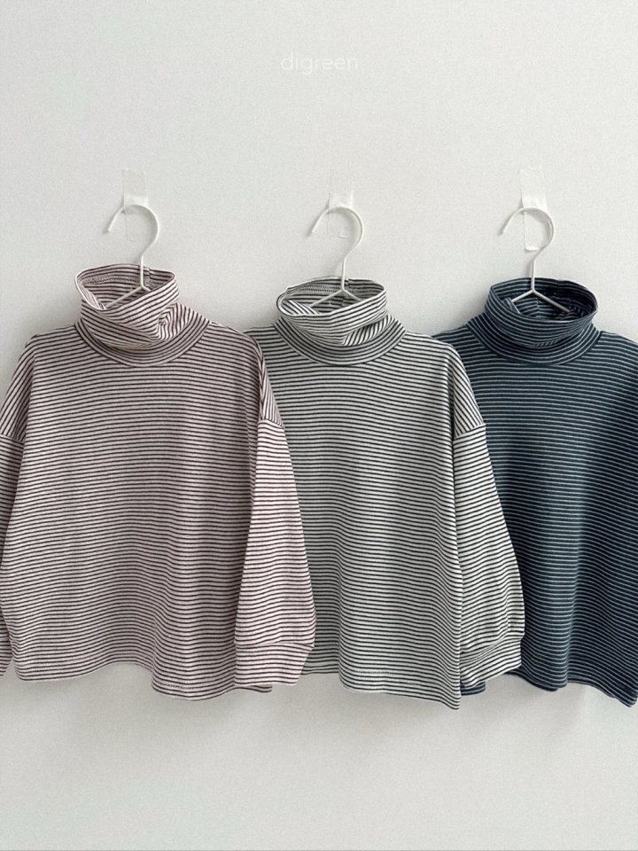 Digreen - Korean Children Fashion - #childrensboutique - Loose Fit Stripe Turtleneck Tee - 2