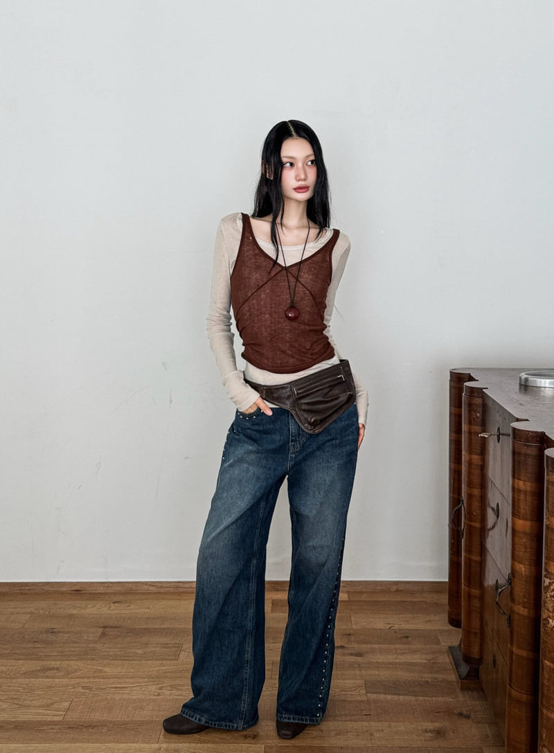 Foundation - Korean Women Fashion - #momslook - Stud Semi-Wide Denim Pants - 10