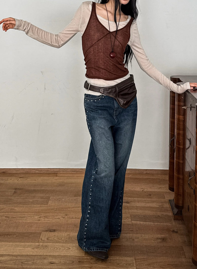 Foundation - Korean Women Fashion - #womensfashion - Stud Semi-Wide Denim Pants - 4