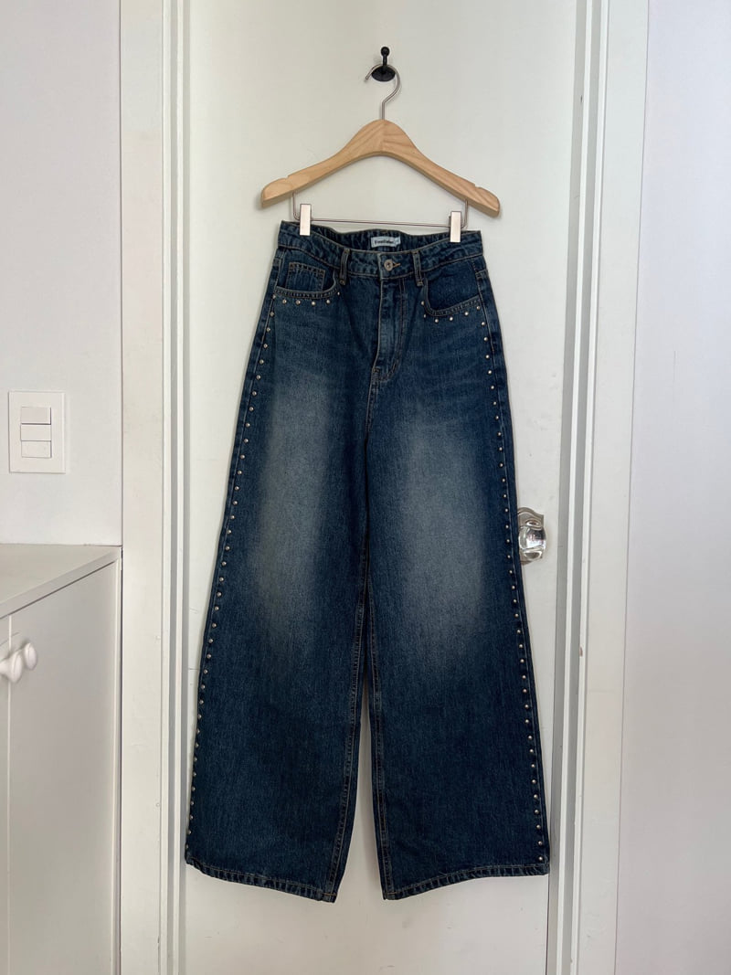 Foundation - Korean Women Fashion - #womensfashion - Stud Semi-Wide Denim Pants