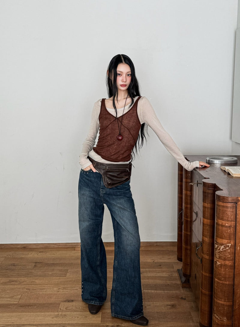 Foundation - Korean Women Fashion - #womensfashion - Stud Semi-Wide Denim Pants - 11