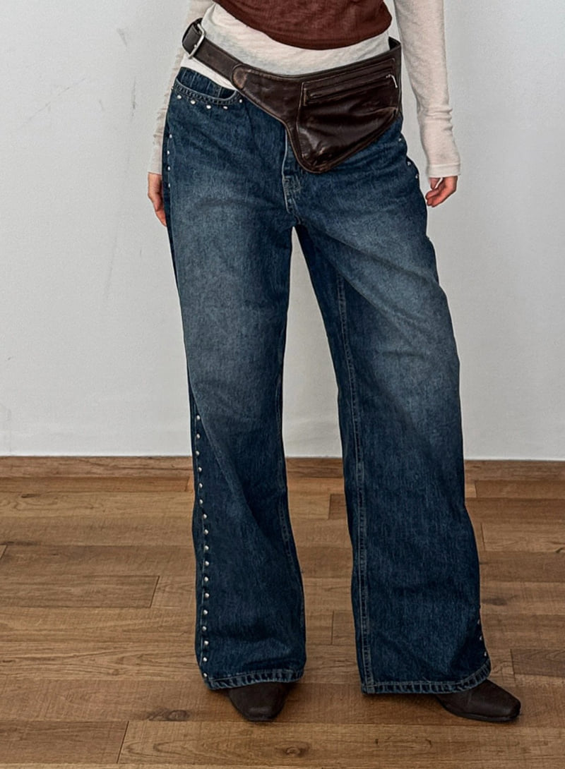 Foundation - Korean Women Fashion - #womensfashion - Stud Semi-Wide Denim Pants - 5