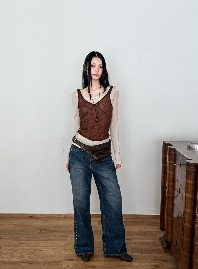 Foundation - Korean Women Fashion - #womensfashion - Stud Semi-Wide Denim Pants - 9
