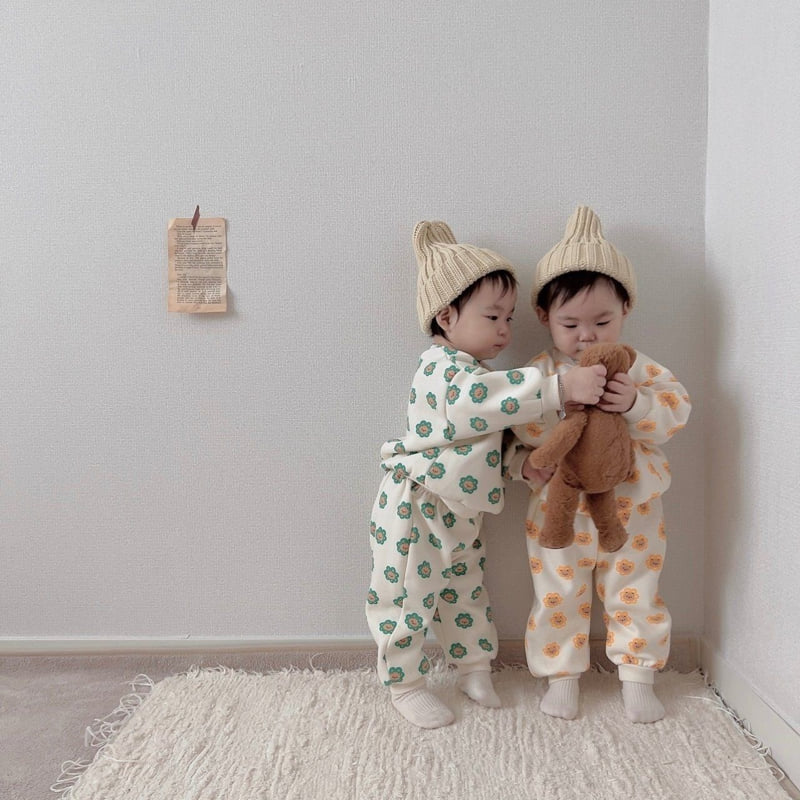 Moran - Korean Children Fashion - #discoveringself - Fleece Bear Flower Top Bottom Set - 3