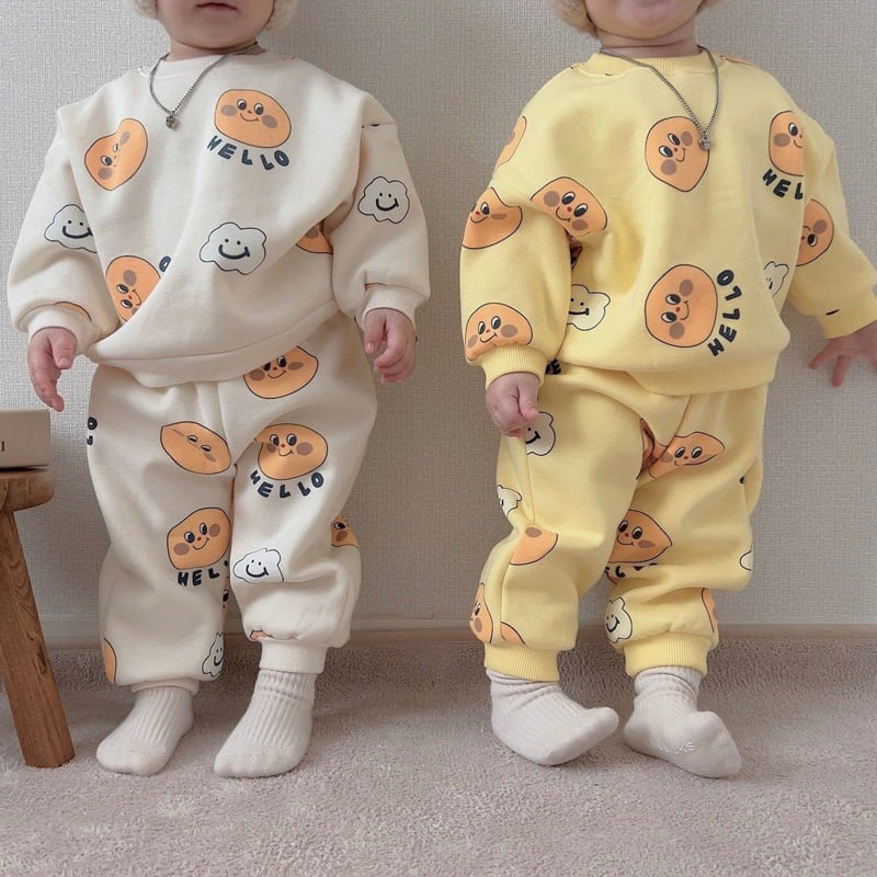 Moran - Korean Children Fashion - #minifashionista - Fleece Cloud Smile Top Bottom Set - 12