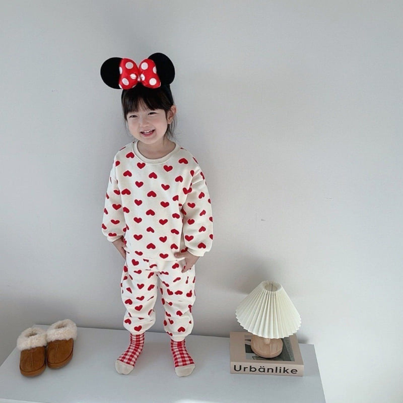 Moran - Korean Children Fashion - #stylishchildhood - Fleece Heart Candy Top Bottom Set - 2
