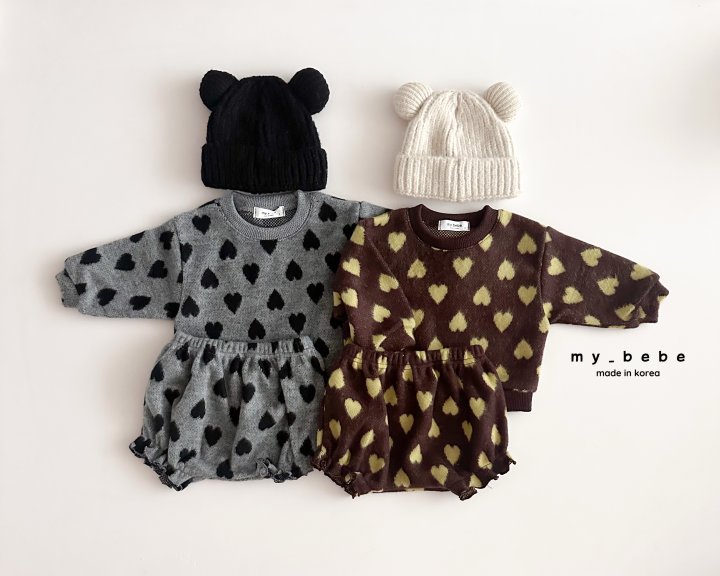 My Bebe - Korean Baby Fashion - #babyboutique - Heart Jacquard Bloomer Set - 3