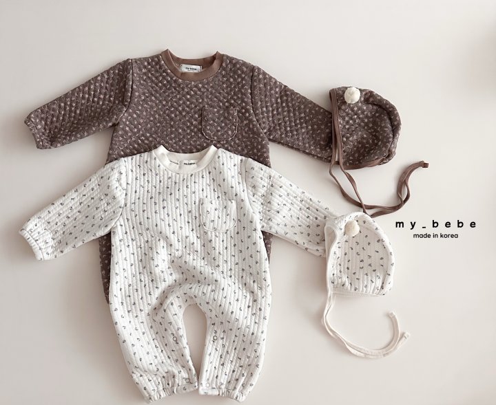 My Bebe - Korean Baby Fashion - #babyootd - Quilted Bodysuit Set (Pom Bonnet Set) - 2