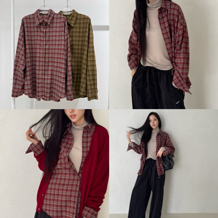 Neroli36 - Korean Women Fashion - #womensfashion - Mocha Check Boxy Shirt - 4