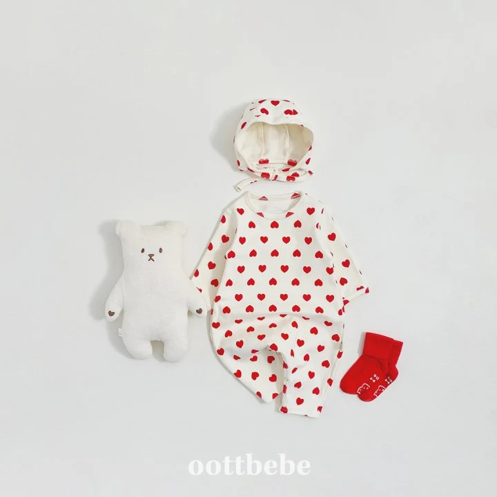 Oott Bebe - Korean Baby Fashion - #babyoutfit - Heart Jumpsuit Bonnet Set - 2