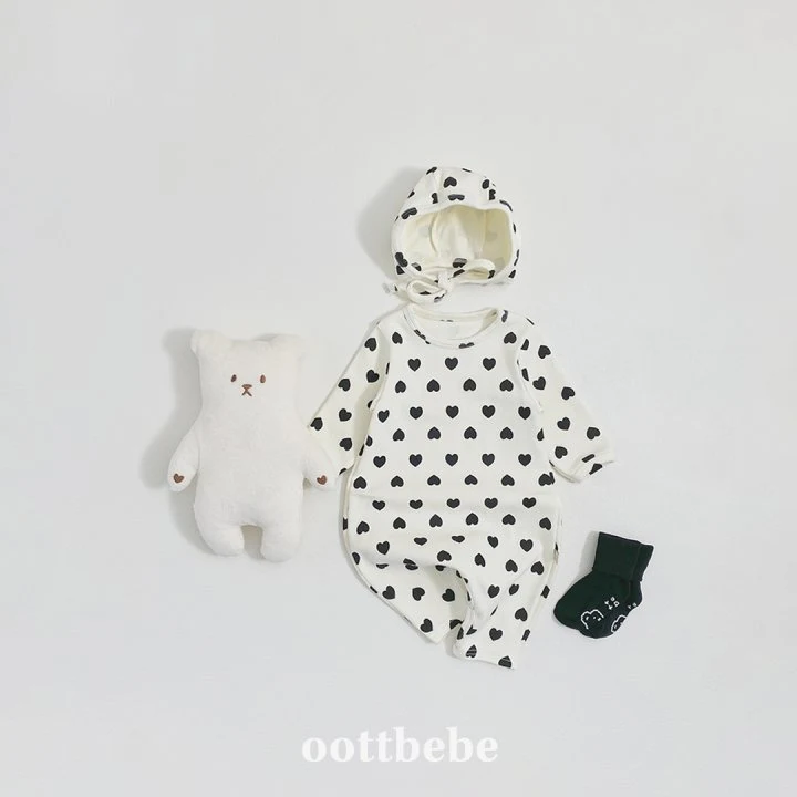 Oott Bebe - Korean Baby Fashion - #babyoutfit - Heart Jumpsuit Bonnet Set - 3