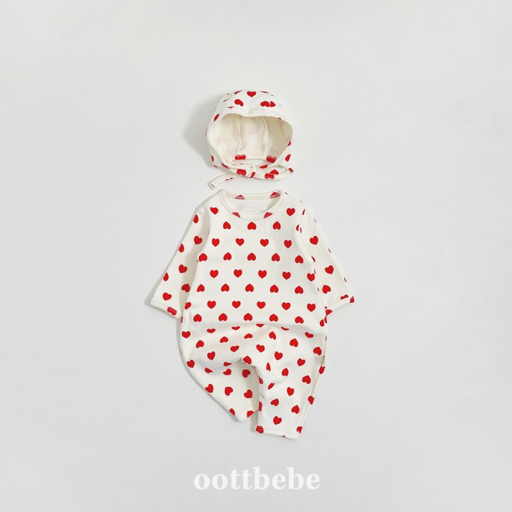 Oott Bebe - Korean Baby Fashion - #onlinebabyshop - Heart Jumpsuit Bonnet Set - 6