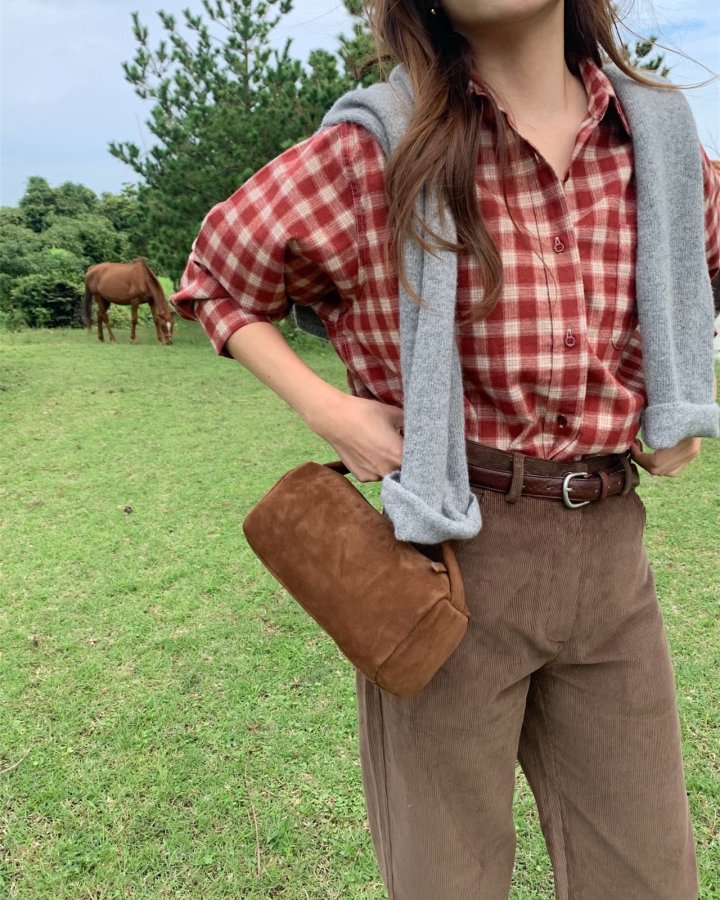 Pomelo - Korean Women Fashion - #momslook - Peach Check Shirt - 8