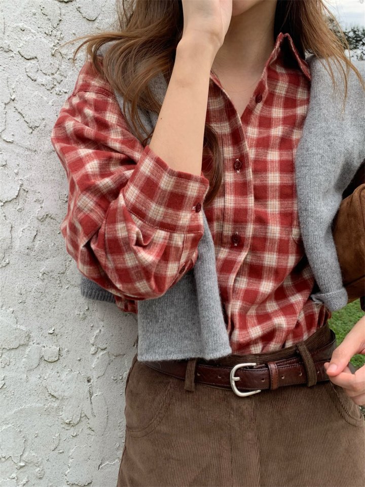 Pomelo - Korean Women Fashion - #restrostyle - Peach Check Shirt - 3